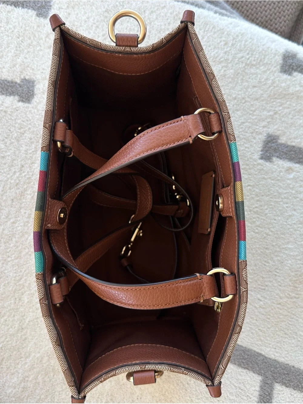 Coach Brown Signature Canvas Tote with Multicolor Vertical Stripe - Picture 7 of 11